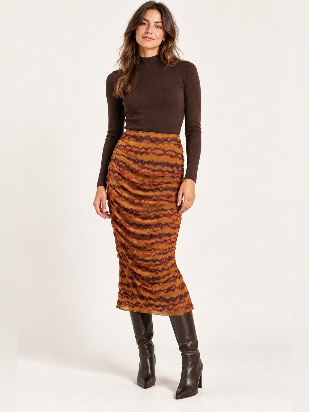 Zara Women’s Medium Rust Brown Printed Mesh Ruched Midi Skirt Bodycon Fall Lined